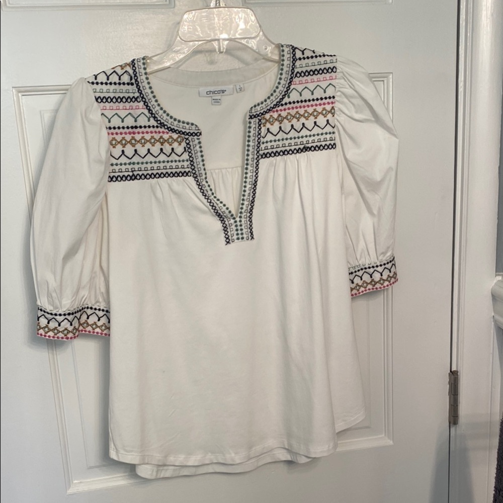 Chico's White Blouse with Black and Pink Embroidery